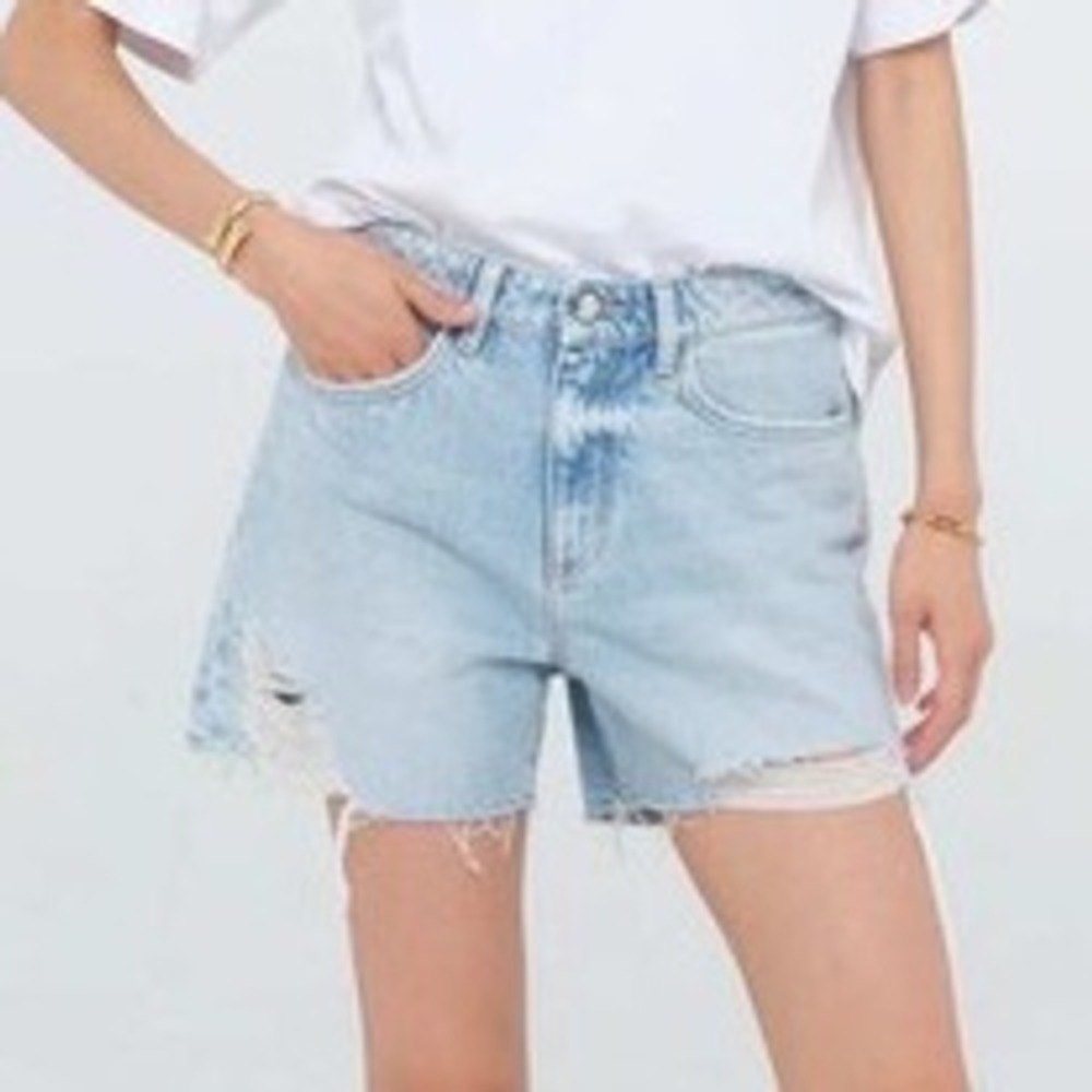 Icon Denim Tam X High Waisted Distressed Raw Hem Jean Shorts Light Wash Size 24